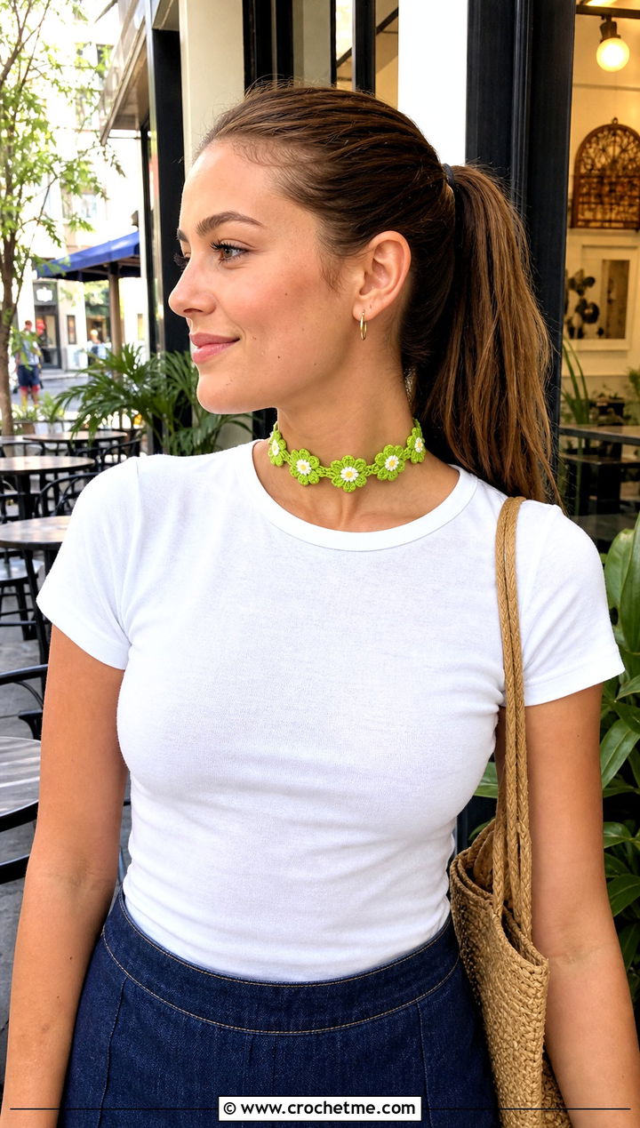 Crochet Daisy Choker With T Shirt And Maxi Skirt - 30 Crochet Flower Outfit ideas