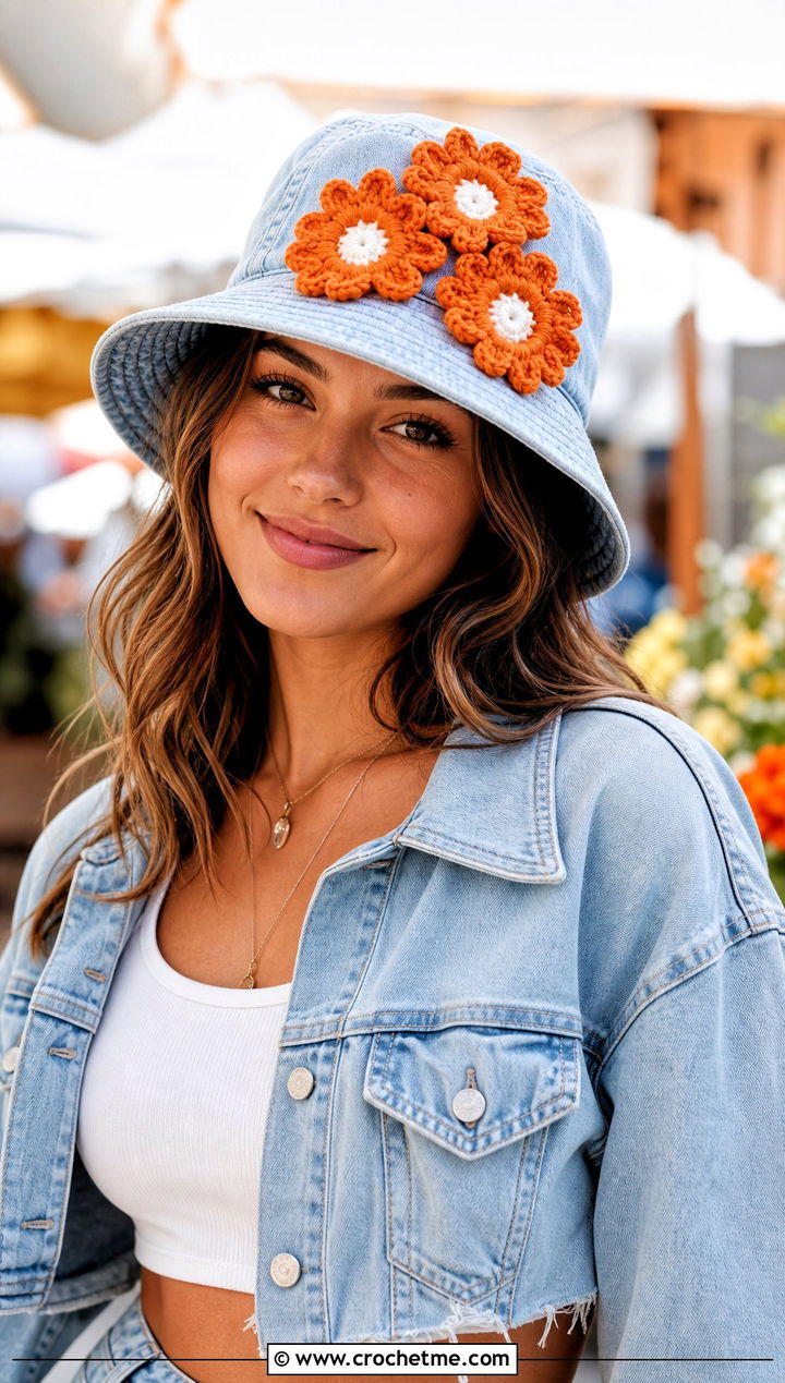 Crochet Daisy Cluster Hat Topper With Denim Jacket Outfit - 20 Crochet Hat Toppers Ideas