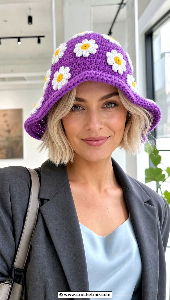 Crochet Daisy Hat With Tailored Suit And Loafers - 25 Crochet Silly Hats outfit ideas