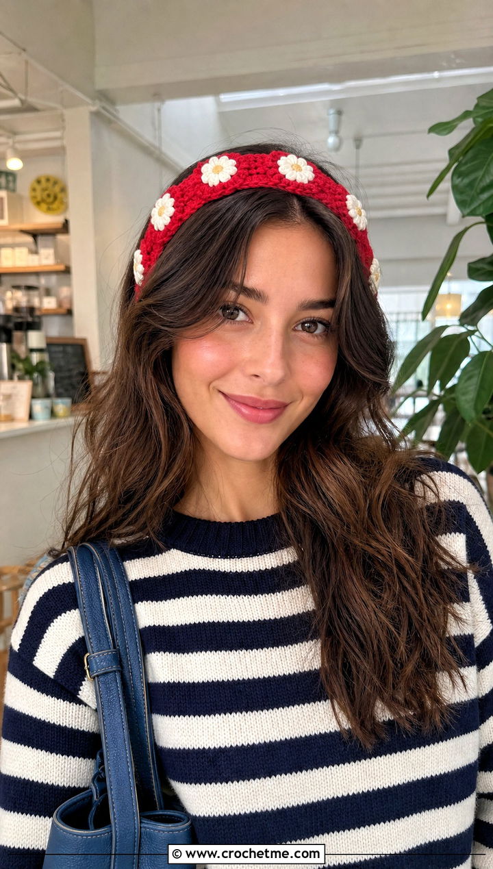 Crochet Daisy Headband With Sweater And Jeans - 30 Crochet Flower Outfit ideas