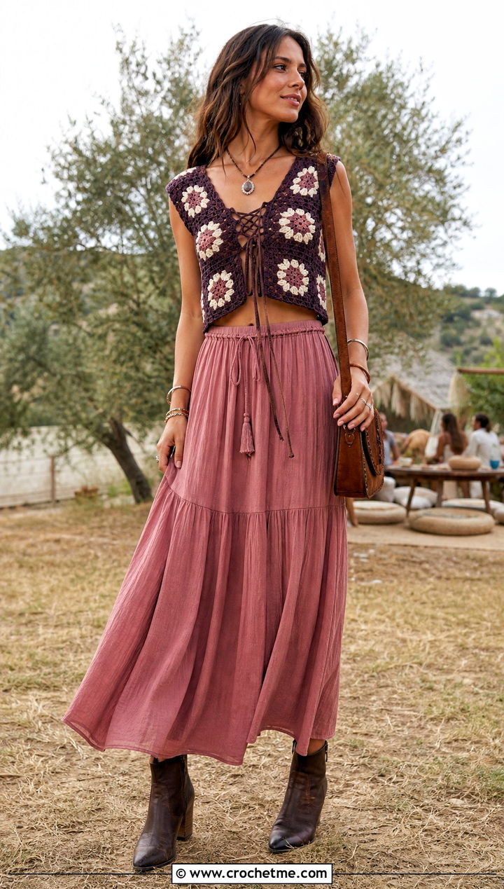 Crochet Daisy Jones Top With Boho Maxi Skirt - 15 Crochet Daisy Jones Top outfit ideas