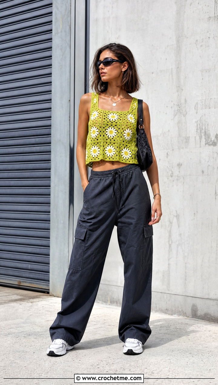 Crochet Daisy Jones Top With Cargo Pants And Sneakers - 15 Crochet Daisy Jones Top outfit ideas