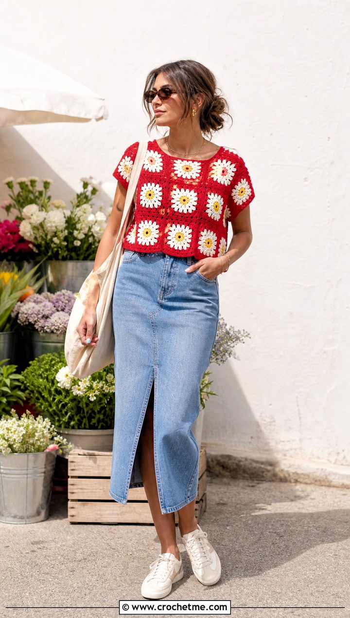 Crochet Daisy Jones Top With Denim Midi Skirt - 15 Crochet Daisy Jones Top outfit ideas