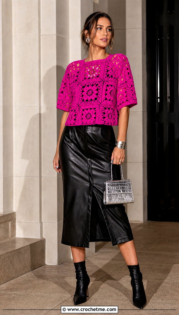 Crochet Daisy Jones Top With Leather Midi Skirt - 15 Crochet Daisy Jones Top outfit ideas
