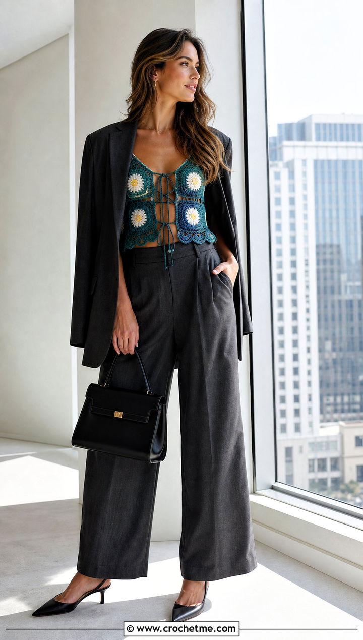 Crochet Daisy Jones Top With Tailored Trousers And Blazer - 15 Crochet Daisy Jones Top outfit ideas