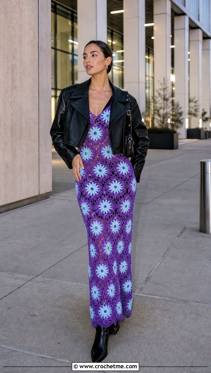 Crochet Daisy Maxi Dress With Leather Jacket - 15 Crochet Daisy Dress outfit ideas