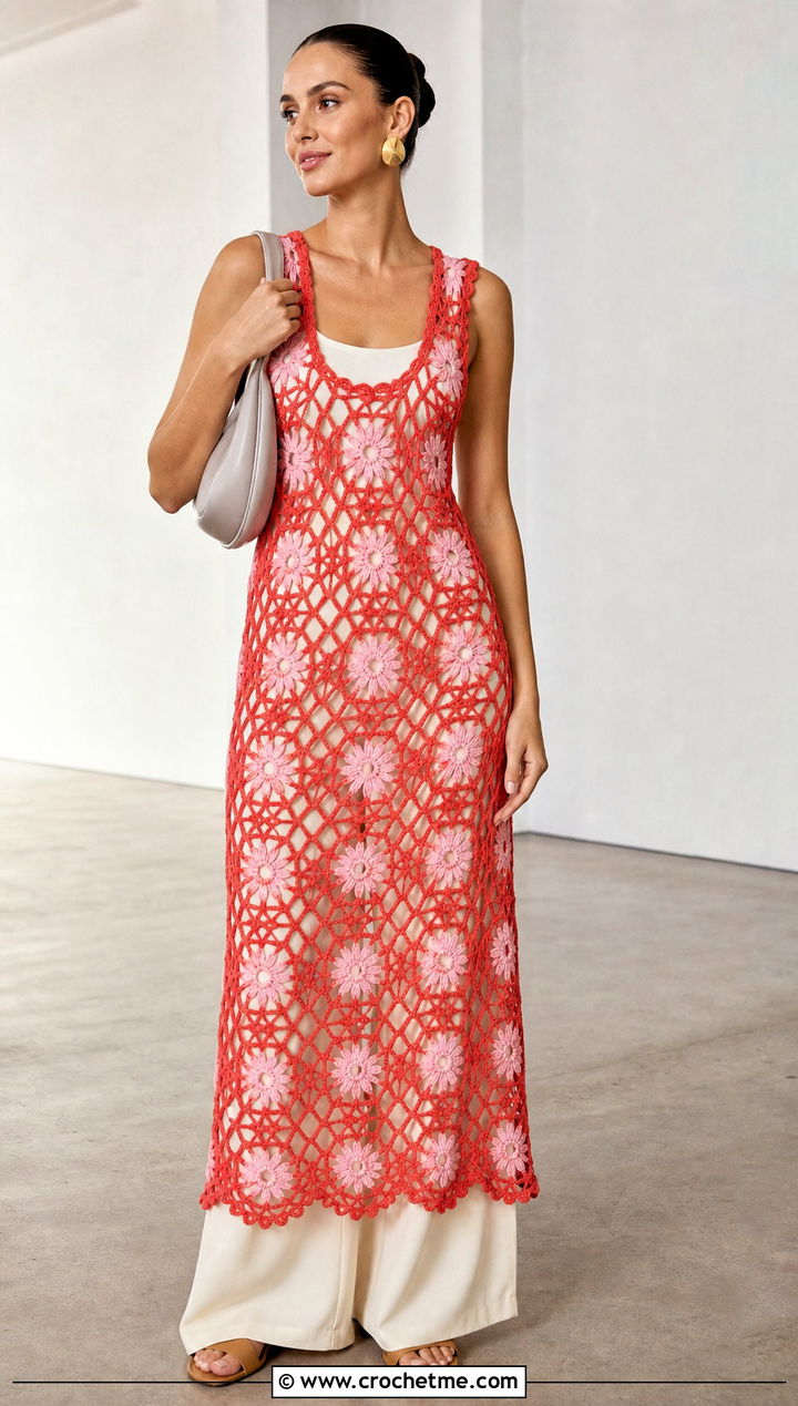 Crochet Daisy Mesh Dress With Wide Leg Pants - 15 Crochet Daisy Dress outfit ideas