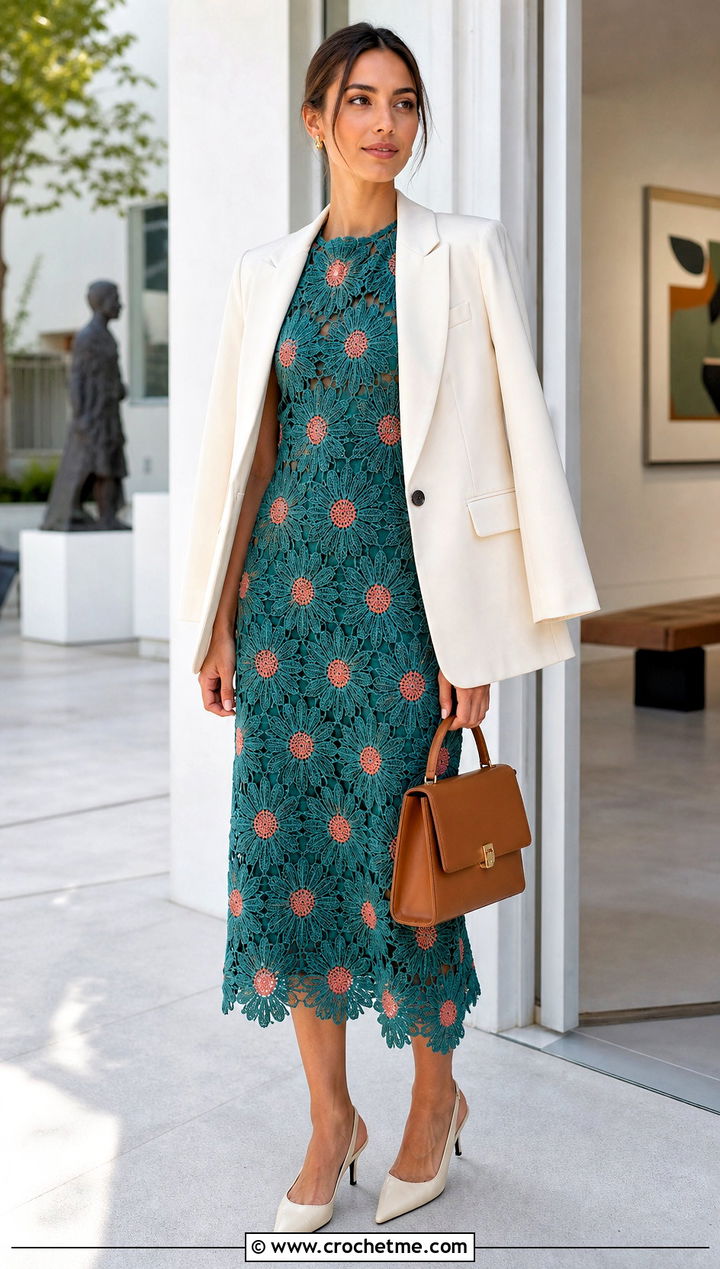 Crochet Daisy Midi Dress With Blazer - 15 Crochet Daisy Dress outfit ideas