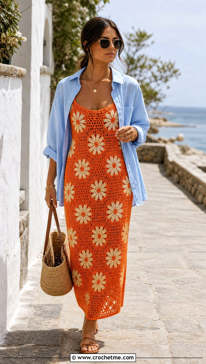 Crochet Daisy Slip Dress With Oversized Shirt - 15 Crochet Daisy Dress outfit ideas