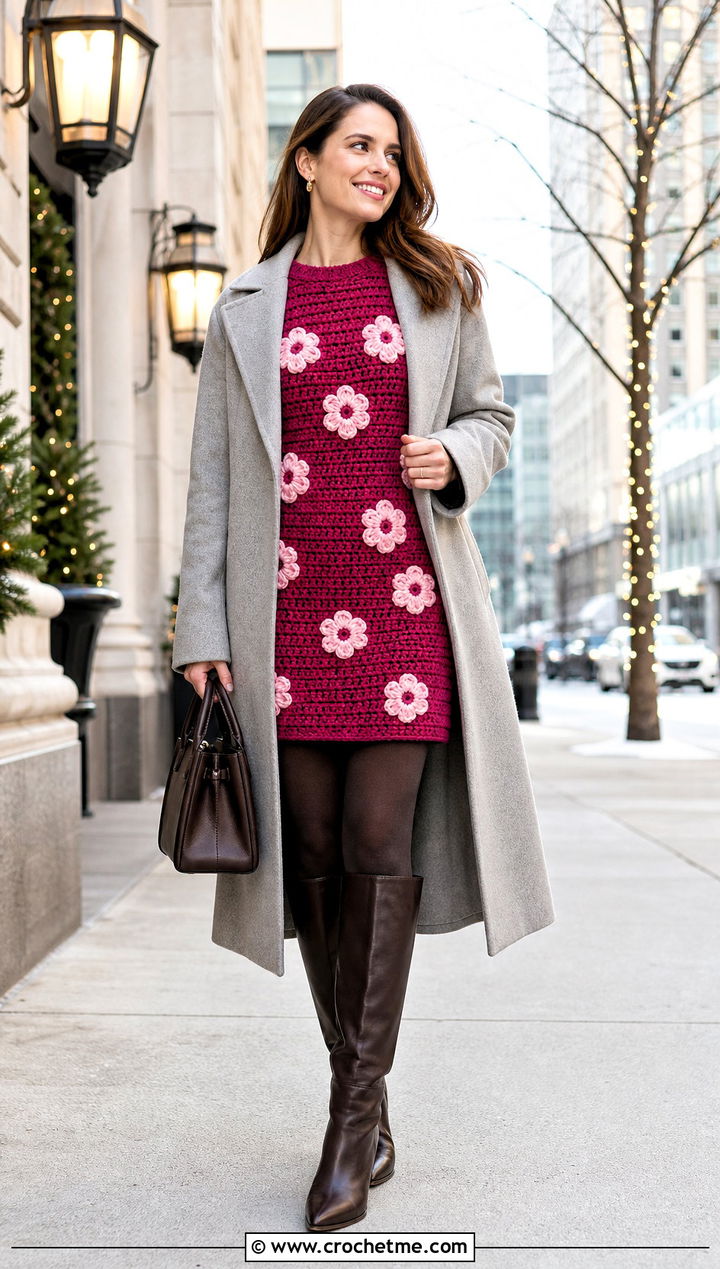 Crochet Daisy Sweater Dress With Tall Boots - 15 Crochet Daisy Dress outfit ideas