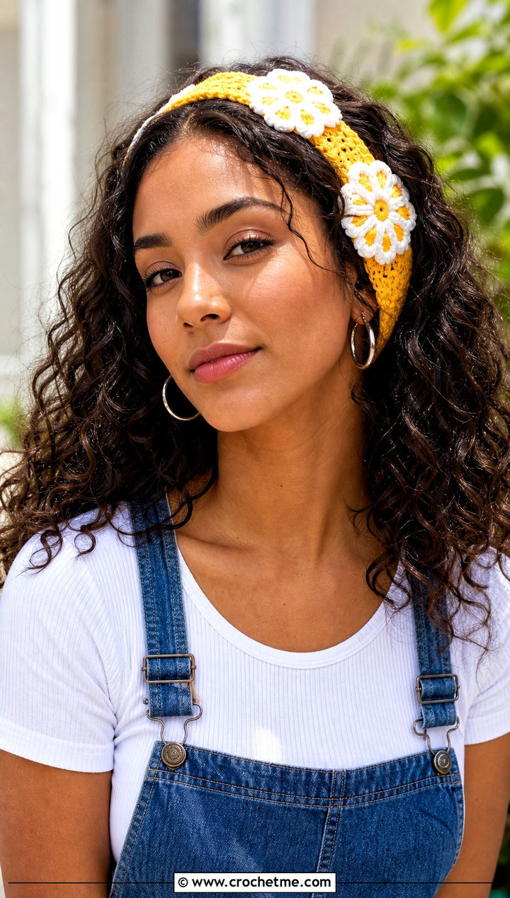 Crochet Daisy Tie Headband With Denim Overalls - 15 crochet flower headband and clip outfit ideas
