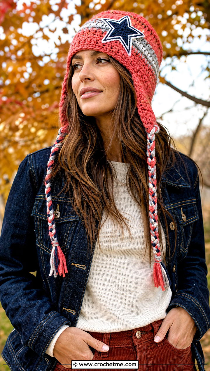 Crochet Dallas Cowboys Braided Tassel Hat With Denim Jacket And Corduroy Pants - 25 Crochet Dallas Cowboys Hat outfit ideas