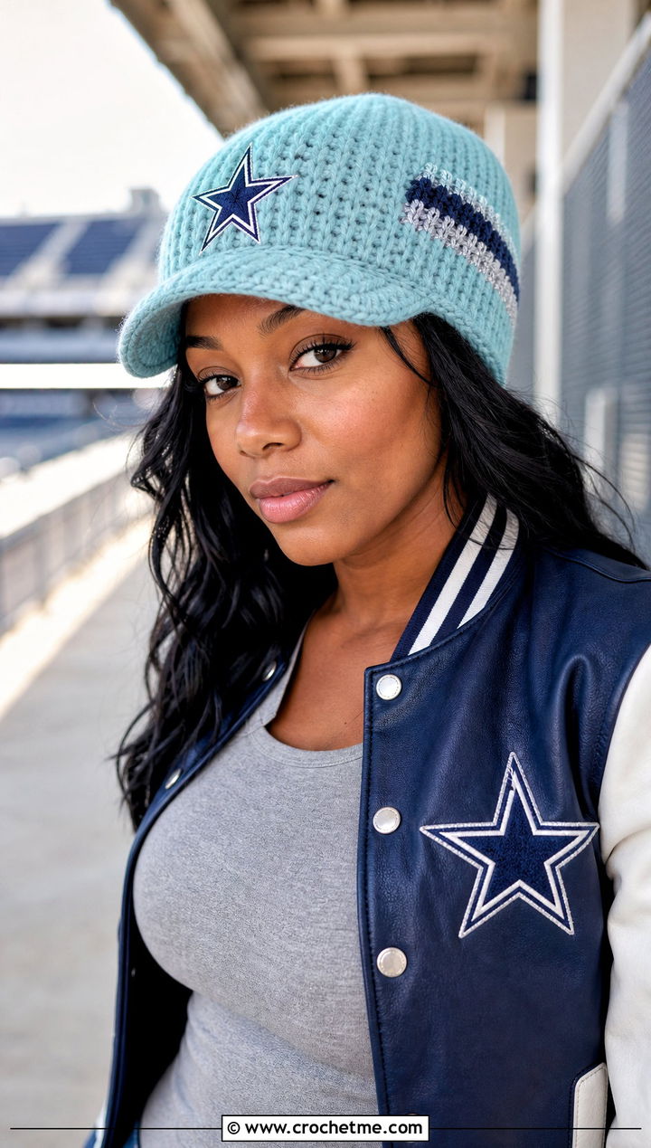 Crochet Dallas Cowboys Brimmed Beanie With Varsity Jacket And Joggers - 25 Crochet Dallas Cowboys Hat outfit ideas