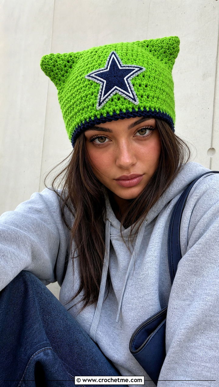 Crochet Dallas Cowboys Cat Ear Beanie With Hoodie And Wide Leg Jeans - 25 Crochet Dallas Cowboys Hat outfit ideas