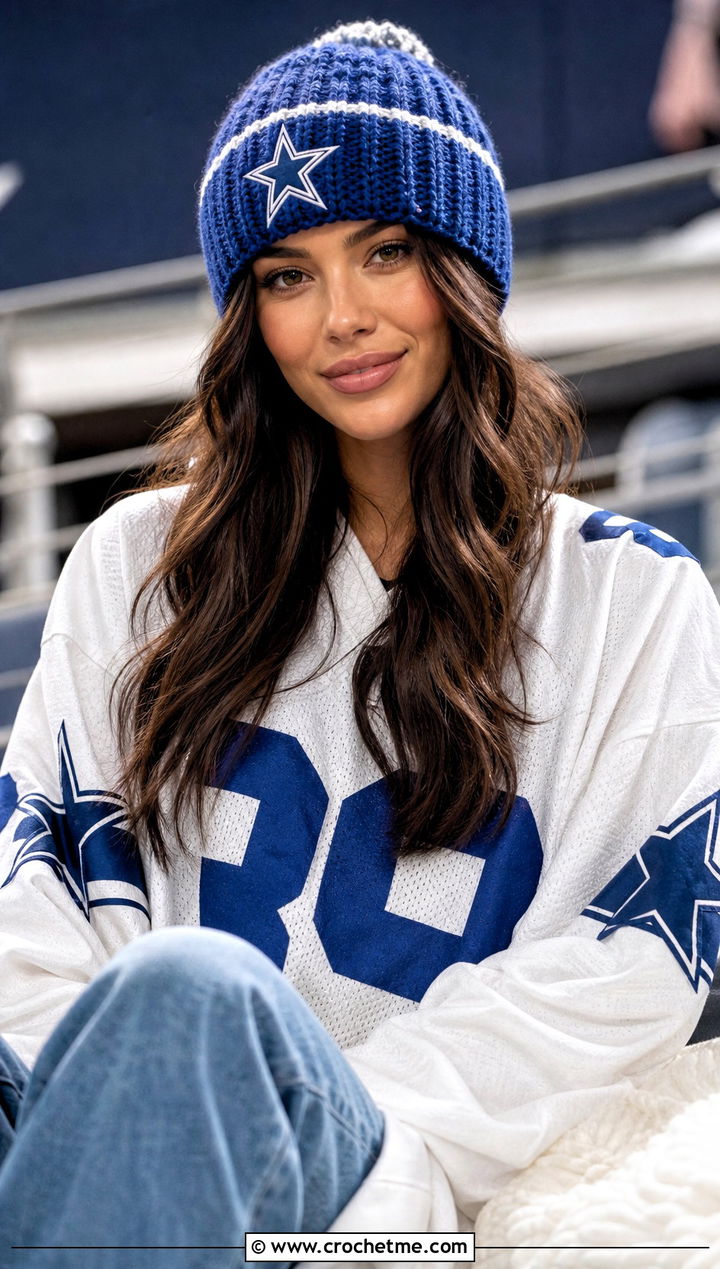 Crochet Dallas Cowboys Cuffed Beanie With Oversized Jersey And Jeans - 25 Crochet Dallas Cowboys Hat outfit ideas