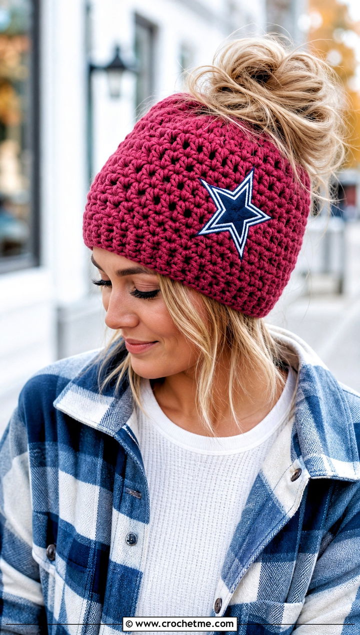 Crochet Dallas Cowboys Messy Bun Beanie With Shacket And Black Jeans - 25 Crochet Dallas Cowboys Hat outfit ideas