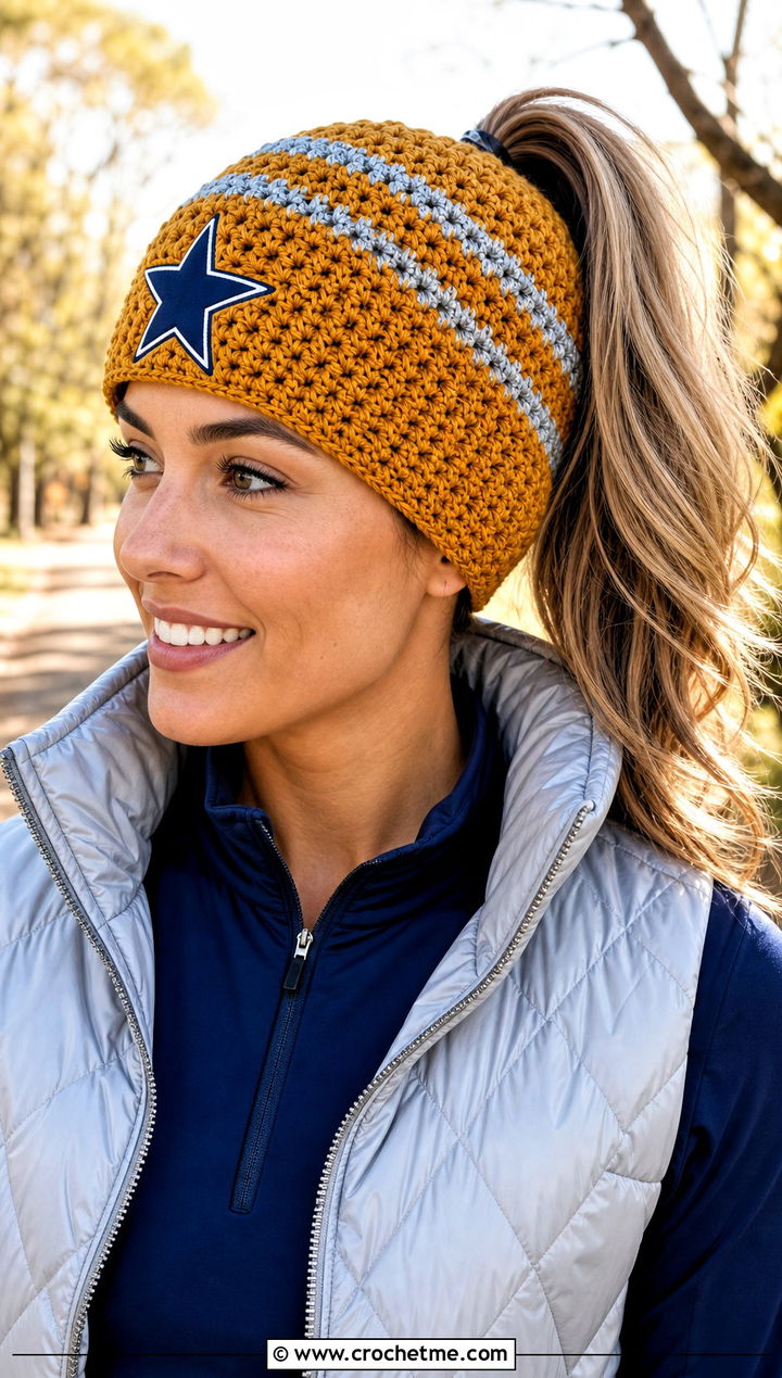 Crochet Dallas Cowboys Ponytail Beanie With Quilted Vest And Flared Leggings - 25 Crochet Dallas Cowboys Hat outfit ideas