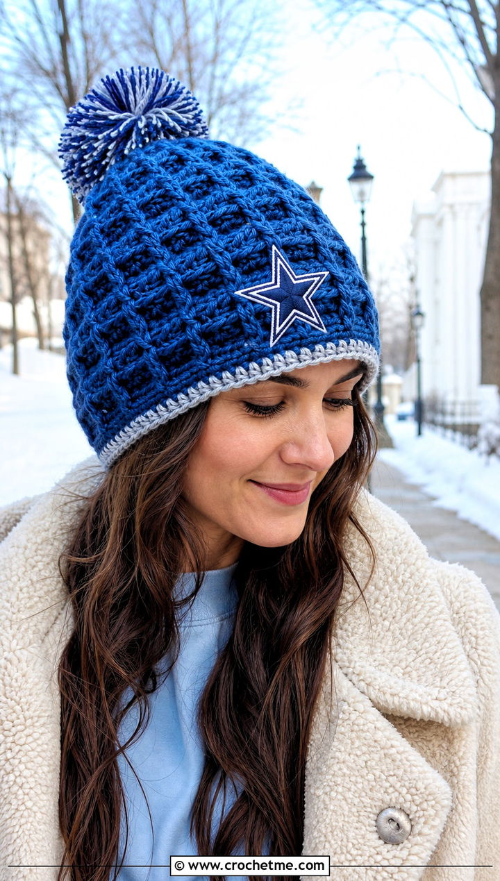 Crochet Dallas Cowboys Waffle Stitch Beanie With Teddy Coat And Jeans - 25 Crochet Dallas Cowboys Hat outfit ideas