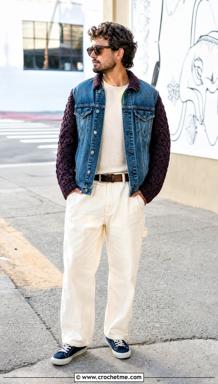 Crochet Denim Panel Jacket With Carpenter Jeans - 15 Crochet Mens Jacket outfit ideas