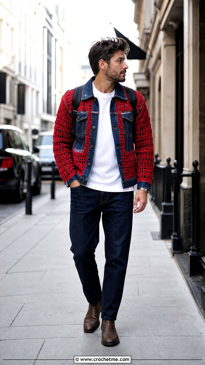 Crochet Denim Panel Jacket With Dark Jeans - 35 crochet jacket for men outfit ideas