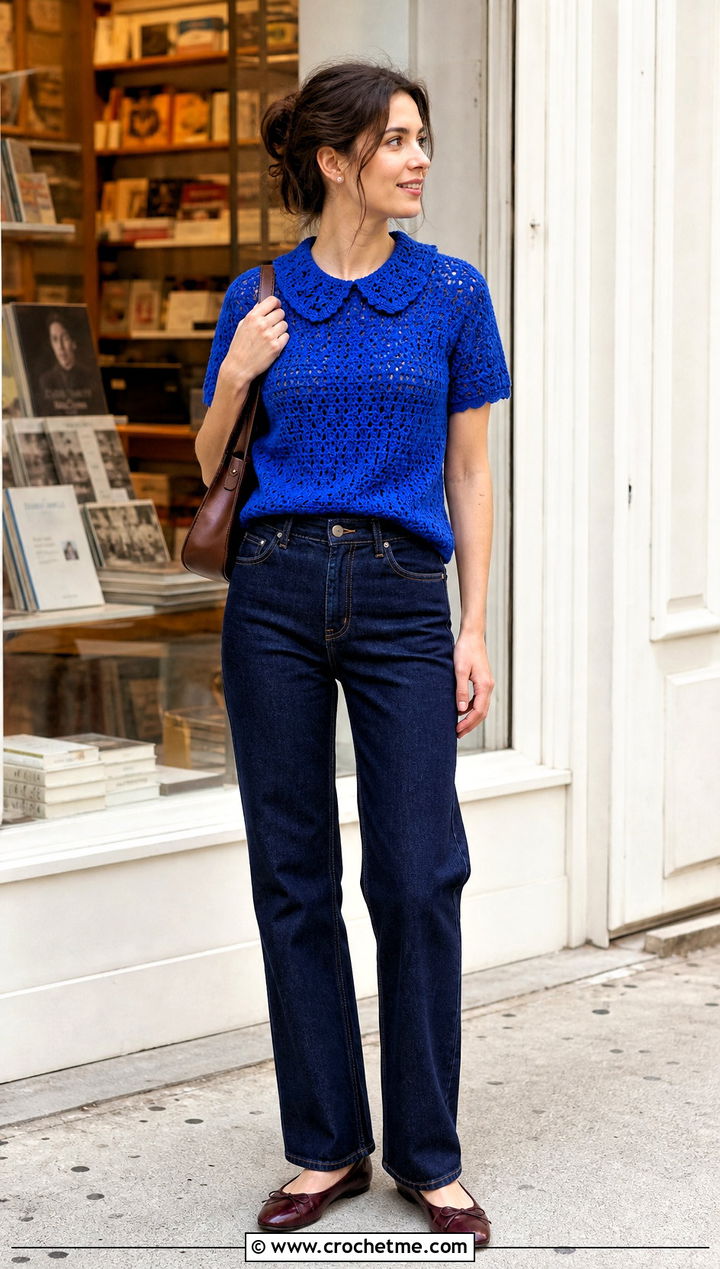 Crochet Detachable Collar Top With Straight Leg Jeans - 20 Crochet Top With Collar outfit ideas