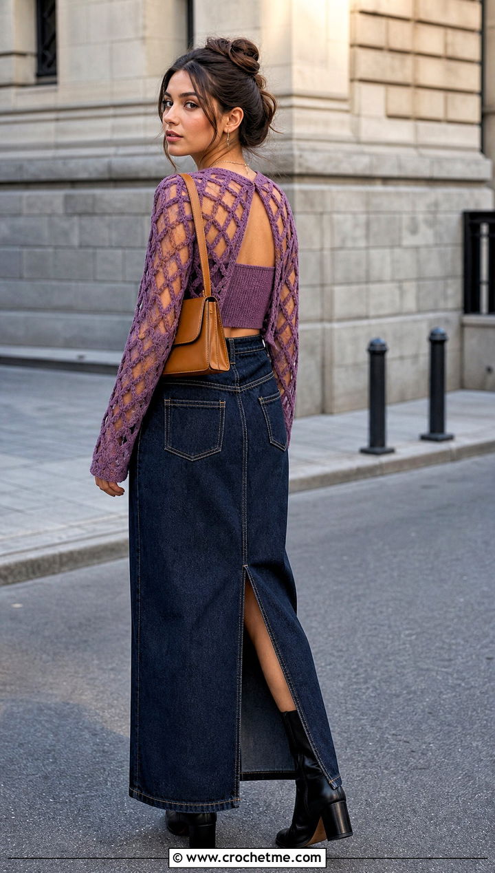 Crochet Diamond Mesh Top With Denim Maxi Skirt - 35 open back crochet top outfit ideas