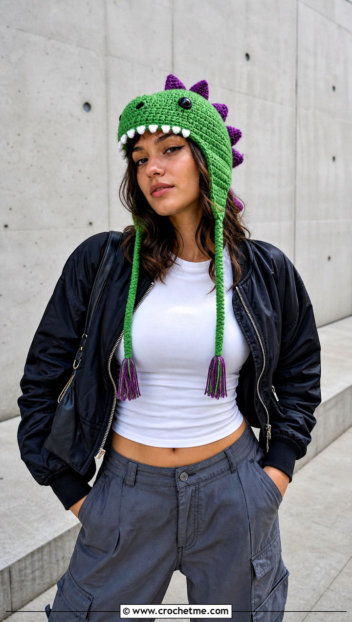 Crochet Dinosaur Amigurumi Hat With Cargo Pants - 30 crochet amigurumi hat outfit ideas