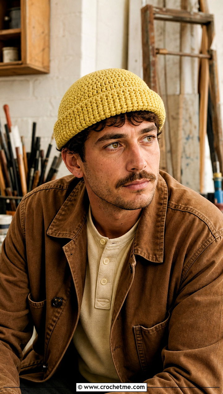 Crochet Docker Beanie With Workwear Jacket - 30 male crochet hat outfit ideas