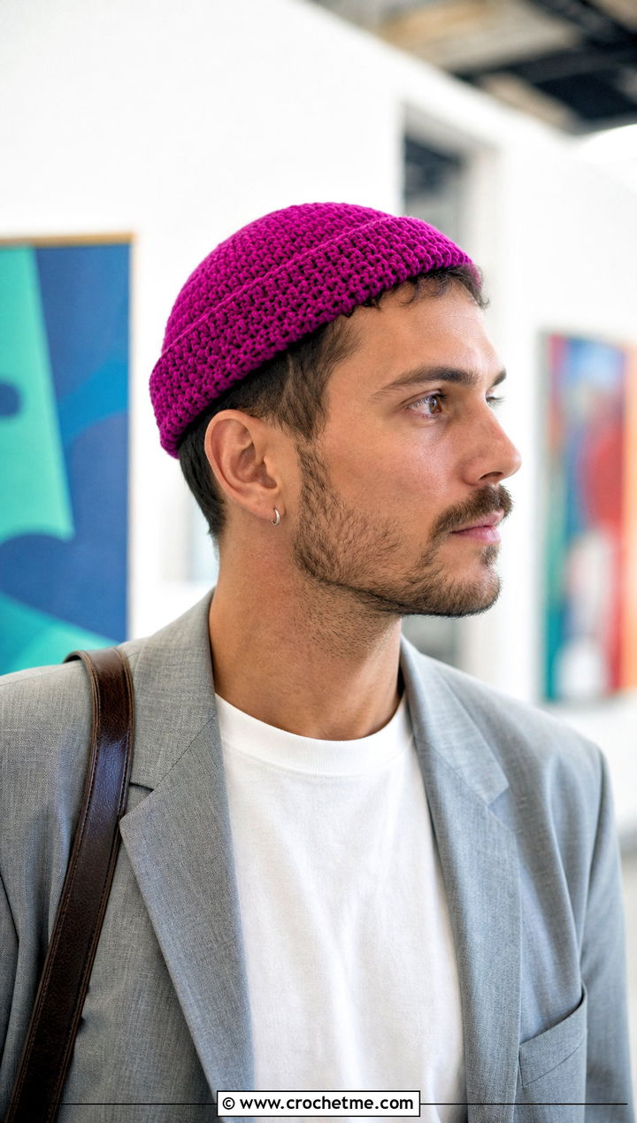 Crochet Docker Cap With Blazer And T Shirt - 30 men's crochet hats outfit ideas