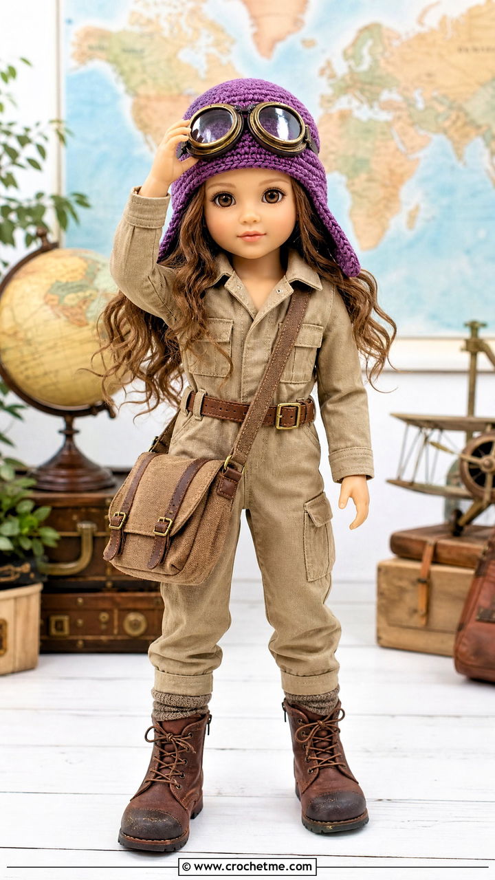 Crochet Doll Aviator Hat With Utility Jumpsuit - 35 crochet doll hats outfit ideas