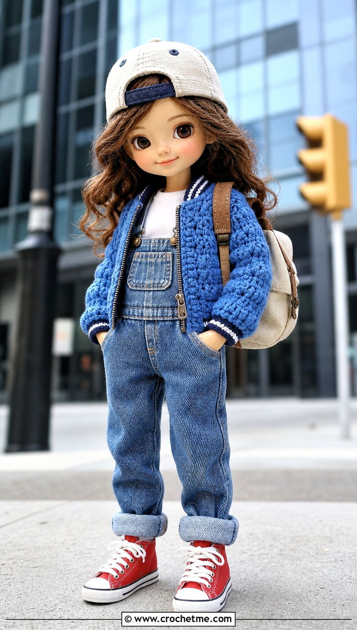 Crochet Doll Bomber Jacket With Denim Overalls - 25 Crochet Mini Doll Clothes and outfit ideas