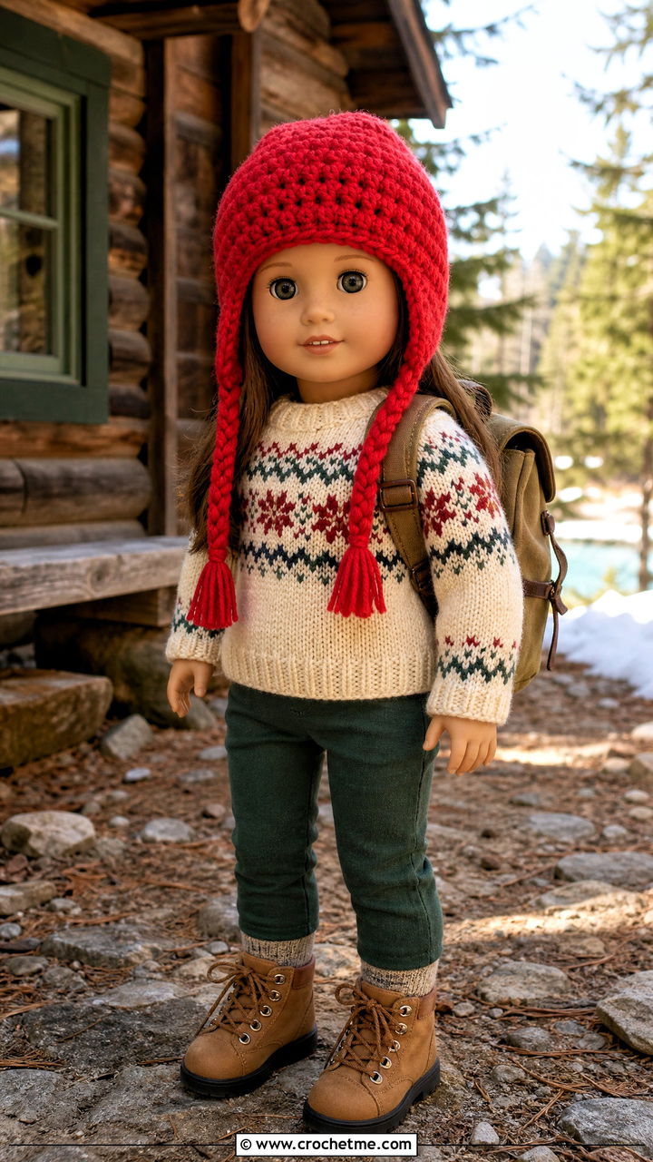 Crochet Doll Earflap Hat With Fair Isle Sweater - 35 crochet doll hats outfit ideas
