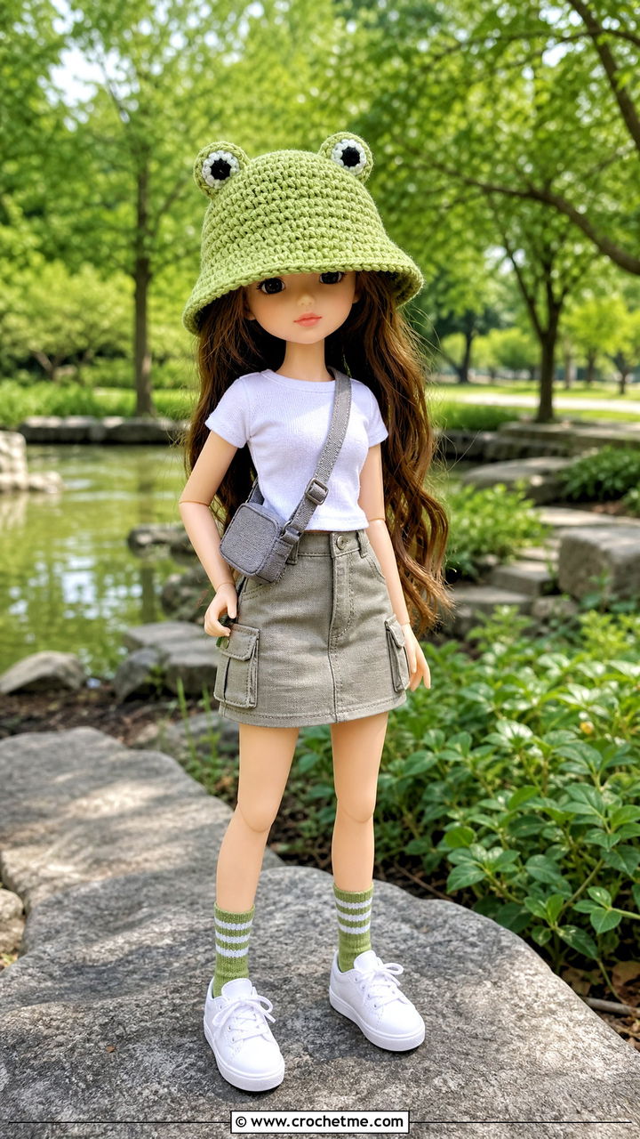Crochet Doll Frog Bucket Hat With Utility Skirt - 35 crochet doll hats outfit ideas