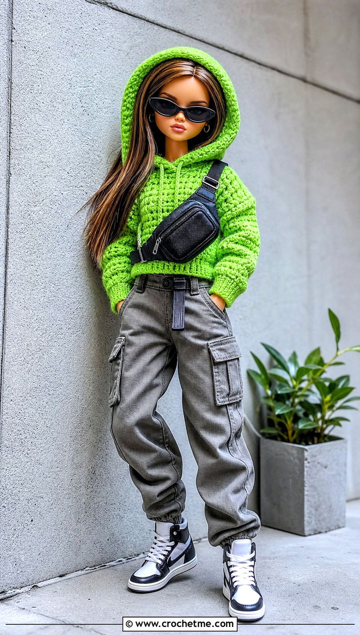 Crochet Doll Hoodie Sweater With Cargo Pants - 20 Crochet Sweater For Dolls outfit ideas