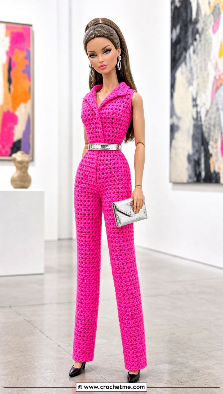 Crochet Doll Jumpsuit With Metallic Belt - 25 Crochet Mini Doll Clothes and outfit ideas