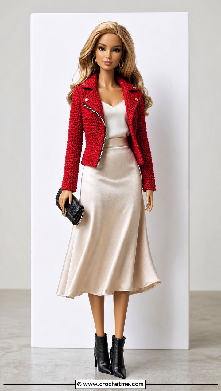 Crochet Doll Moto Jacket With A Satin Skirt - 30 crochet doll jacket outfit ideas