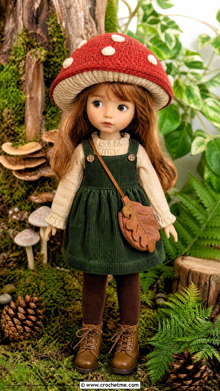 Crochet Doll Mushroom Hat With Corduroy Dress - 35 crochet doll hats outfit ideas