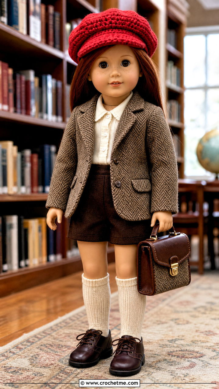 Crochet Doll Newsboy Cap With Tweed Blazer - 35 crochet doll hats outfit ideas