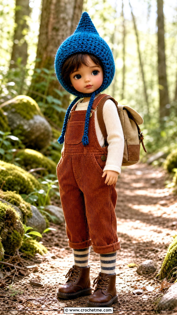 Crochet Doll Pixie Bonnet With Corduroy Overalls - 35 crochet doll hats outfit ideas