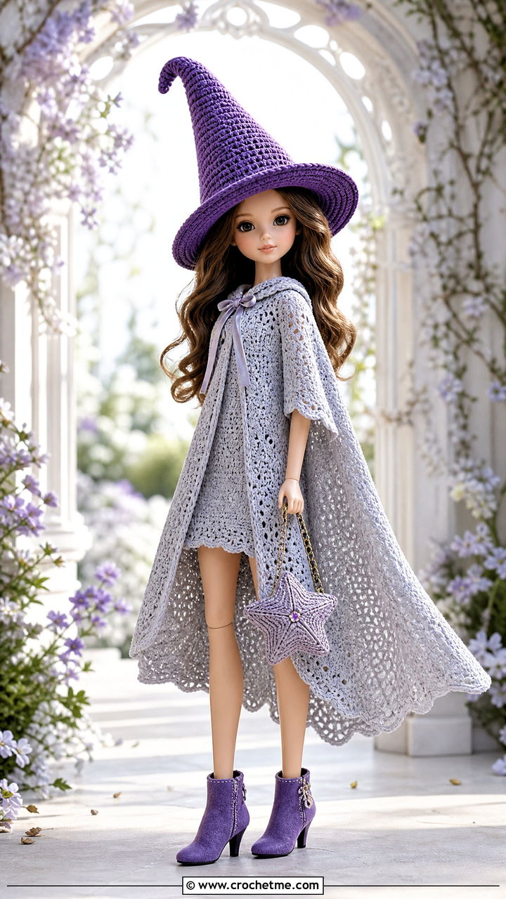Crochet Doll Pointed Fantasy Hat With Cape Dress - 35 crochet doll hats outfit ideas