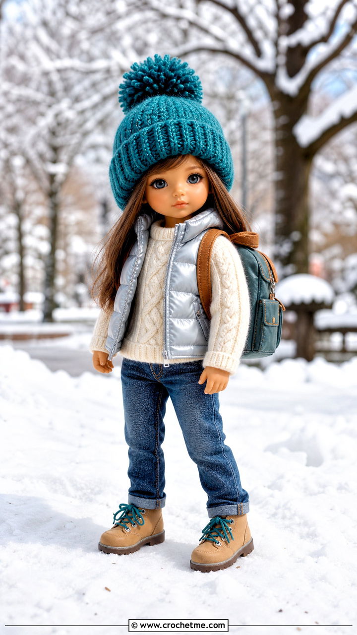 Crochet Doll Pom Pom Beanie With Puffer Vest - 35 crochet doll hats outfit ideas