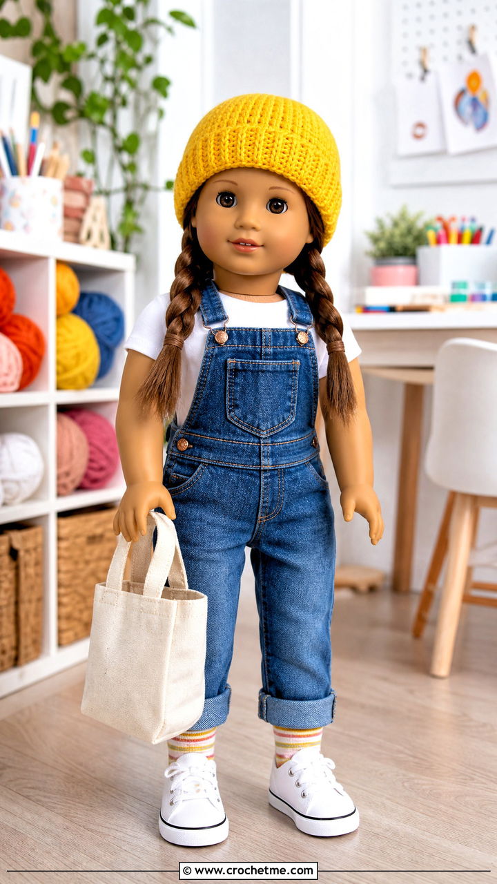 Crochet Doll Ribbed Beanie With Denim Overalls - 35 crochet doll hats outfit ideas
