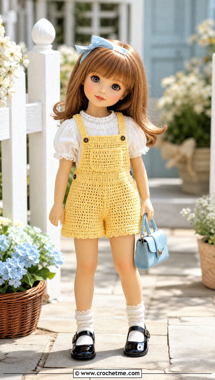 Crochet Doll Shortalls With Puff Sleeve Blouse - 30 crochet doll overalls outfit ideas