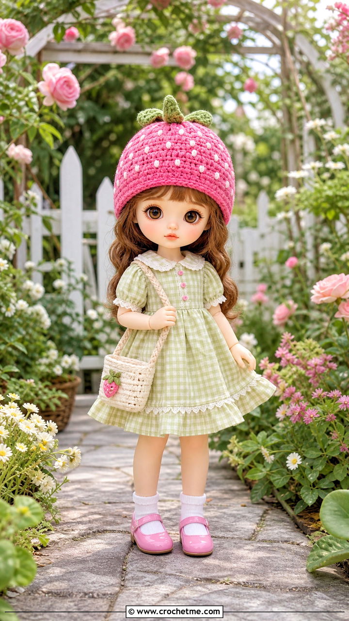 Crochet Doll Strawberry Hat With Gingham Dress - 35 crochet doll hats outfit ideas