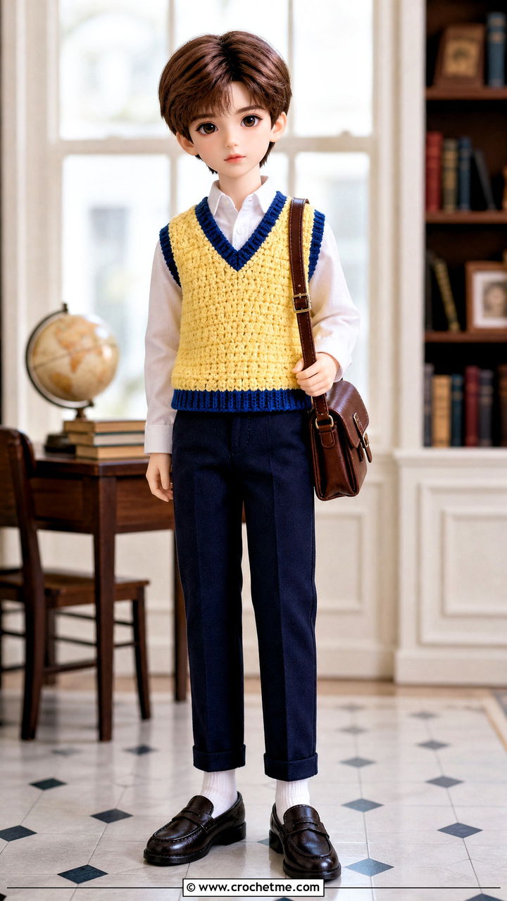 Crochet Doll Sweater Vest With Button Down Shirt - 35 crochet doll sweater outfit ideas