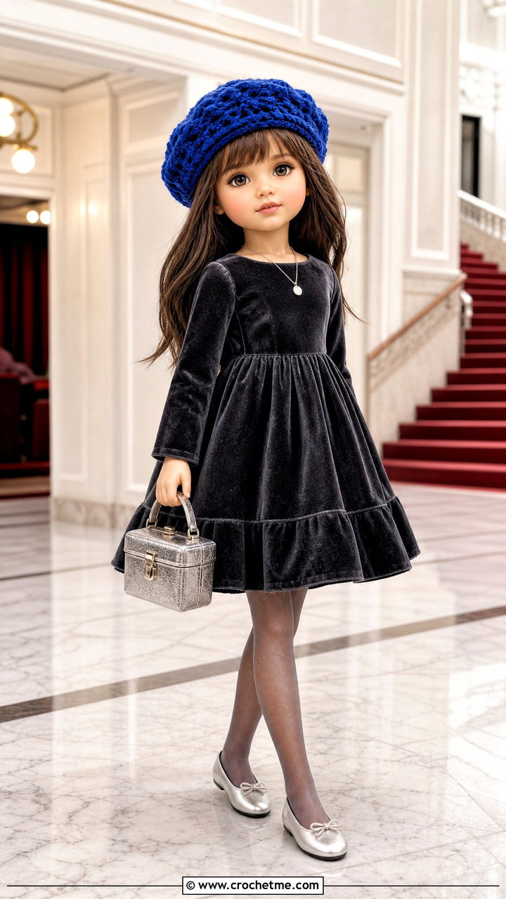 Crochet Doll Tam Hat With Velvet Dress - 35 crochet doll hats outfit ideas