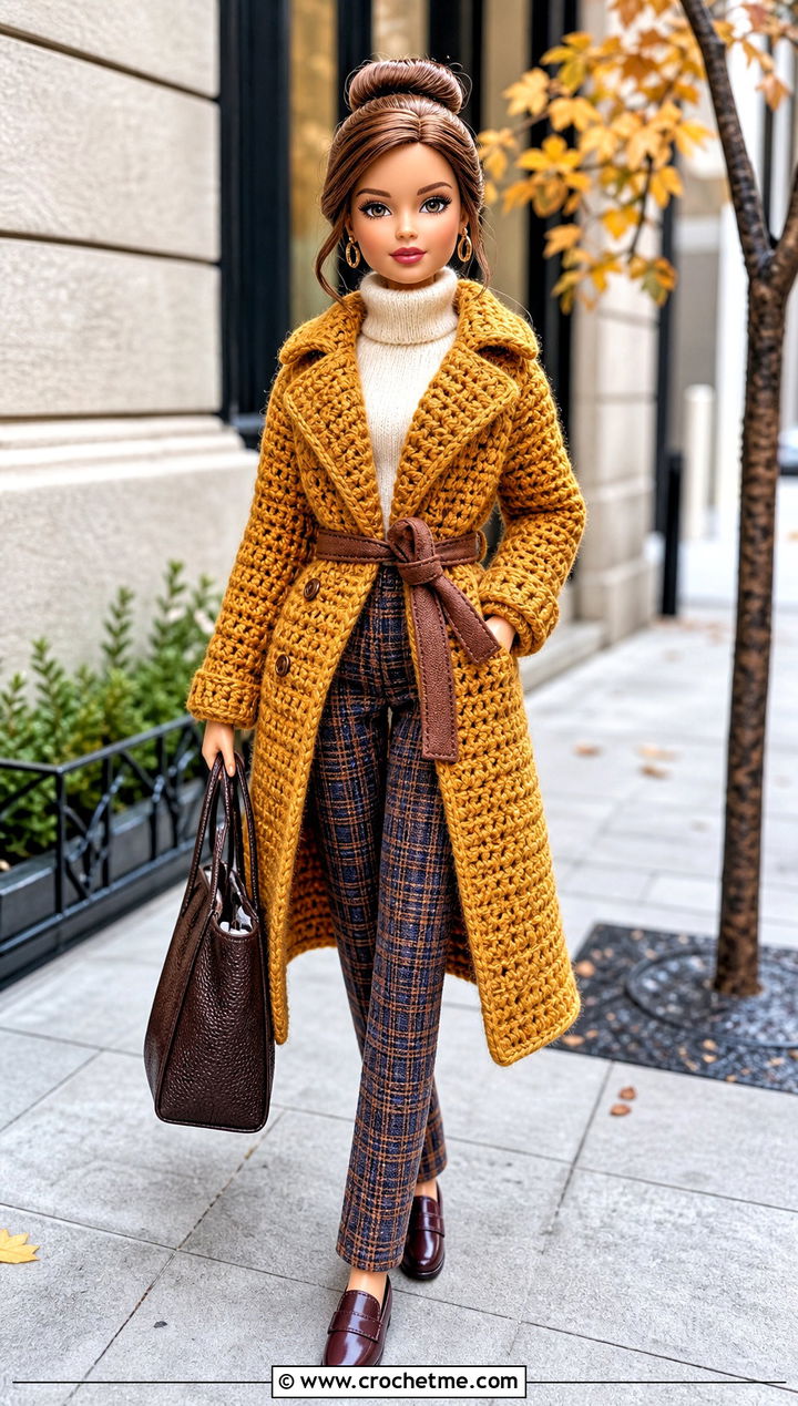 Crochet Doll Trench Coat With Plaid Pants - 25 Crochet Mini Doll Clothes and outfit ideas