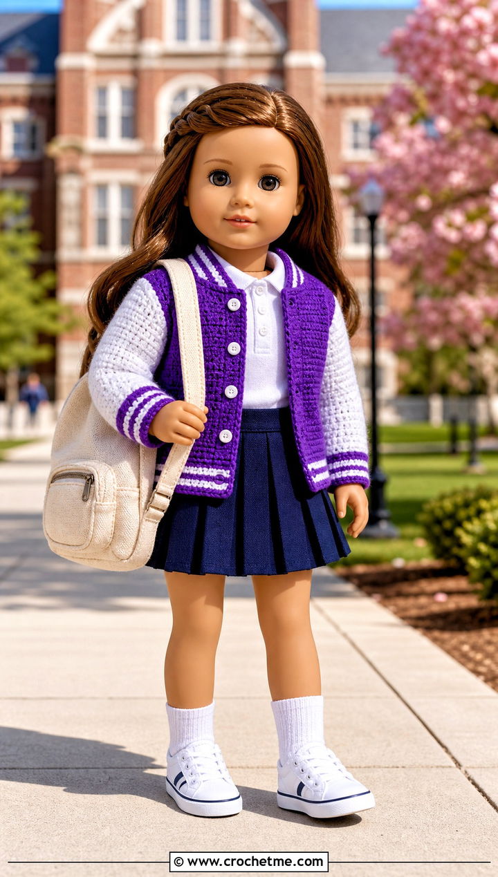 Crochet Doll Varsity Jacket With Pleated Skirt - 30 crochet doll jacket outfit ideas