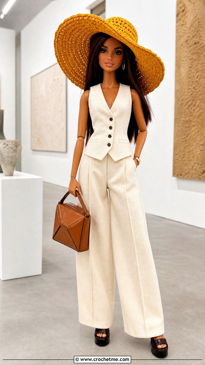 Crochet Doll Wide Brim Hat With Tailored Vest - 35 crochet doll hats outfit ideas