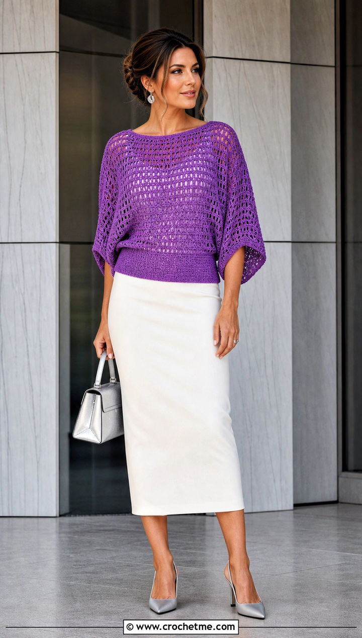 Crochet Dolman Sleeve Top With Pencil Skirt - 25 crochet top not cropped outfit ideas